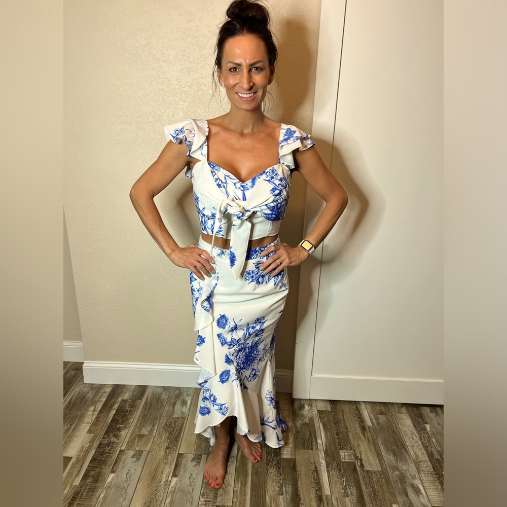 Two Piece Luxmi Crop Top and Skirt Blue and White